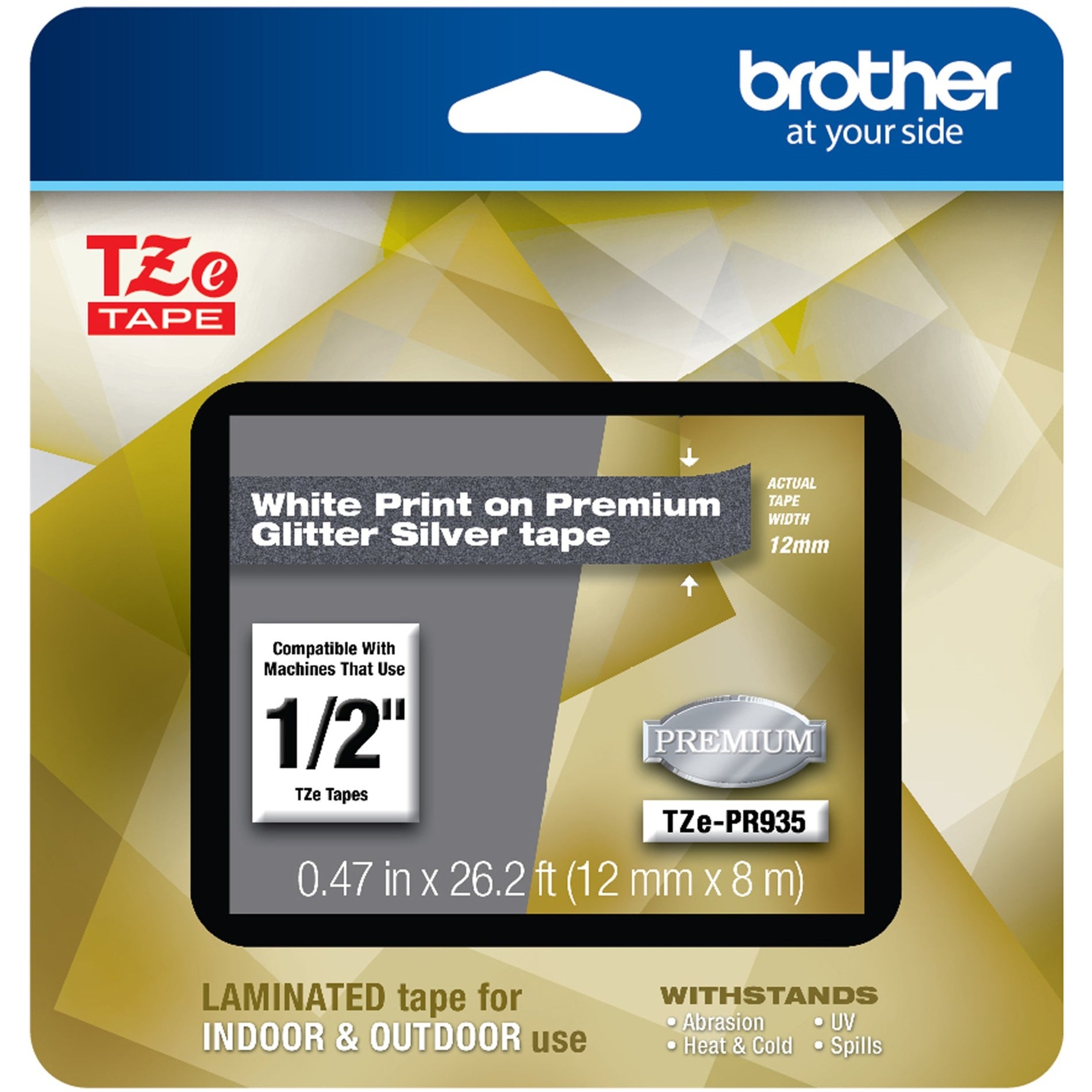 Brother TZePR935 TZe Premium Glitter Laminated Tape - 12mm, Durable, Easy Peel, Fade Resistant, Temperature Resistant, Strong