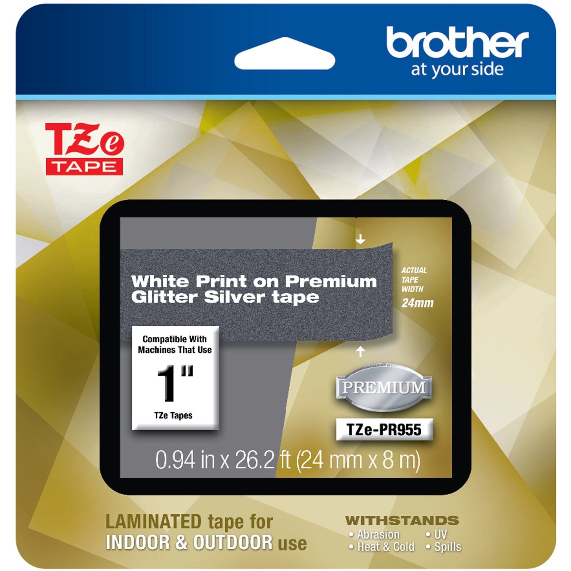 Brother TZePR955 TZe Premium Glitter Laminated Tape - 24mm, Durable, Easy Peel, Fade Resistant, Temperature Resistant, Strong
