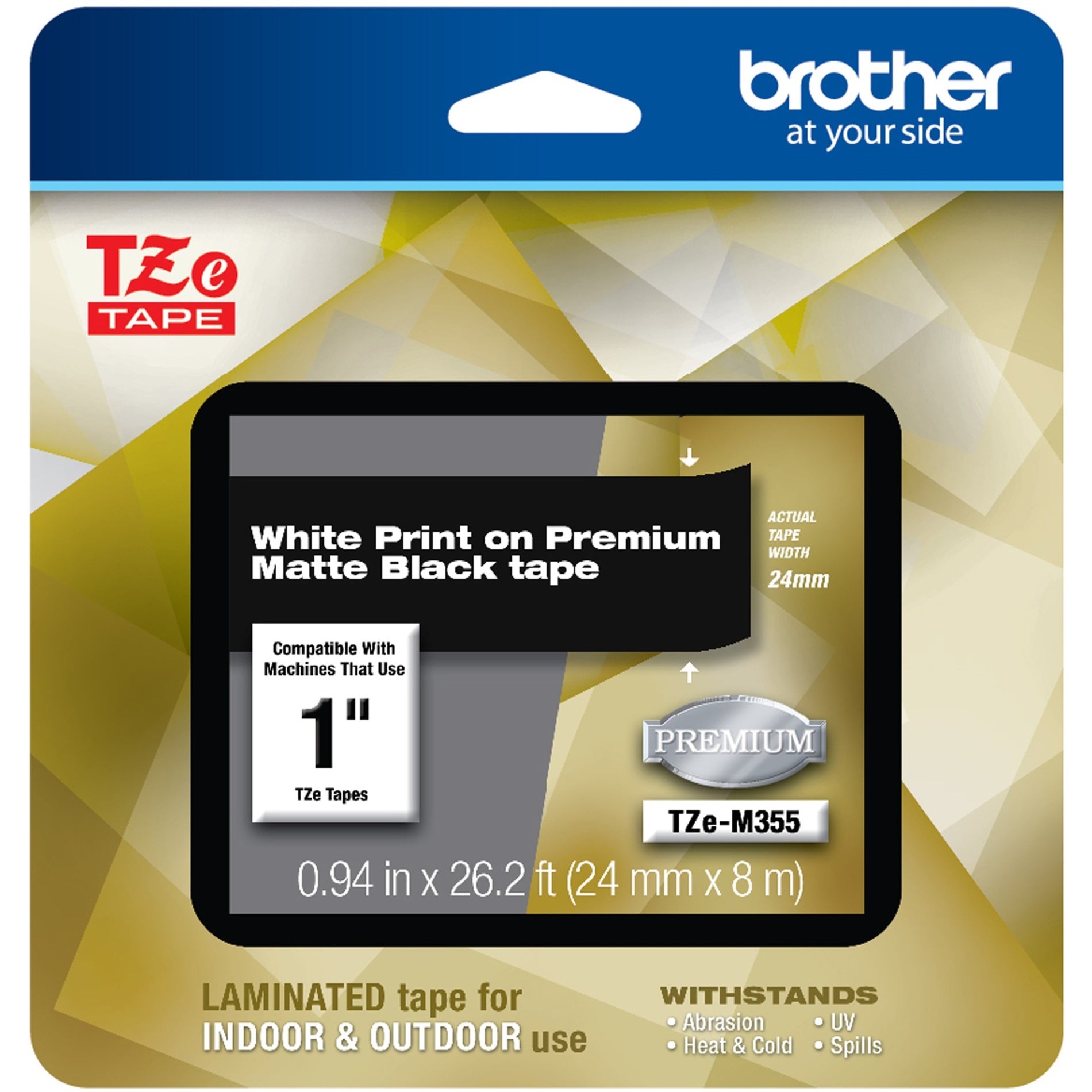 Brother TZEM355 TZe Premium Label Tape, White on Matte Black