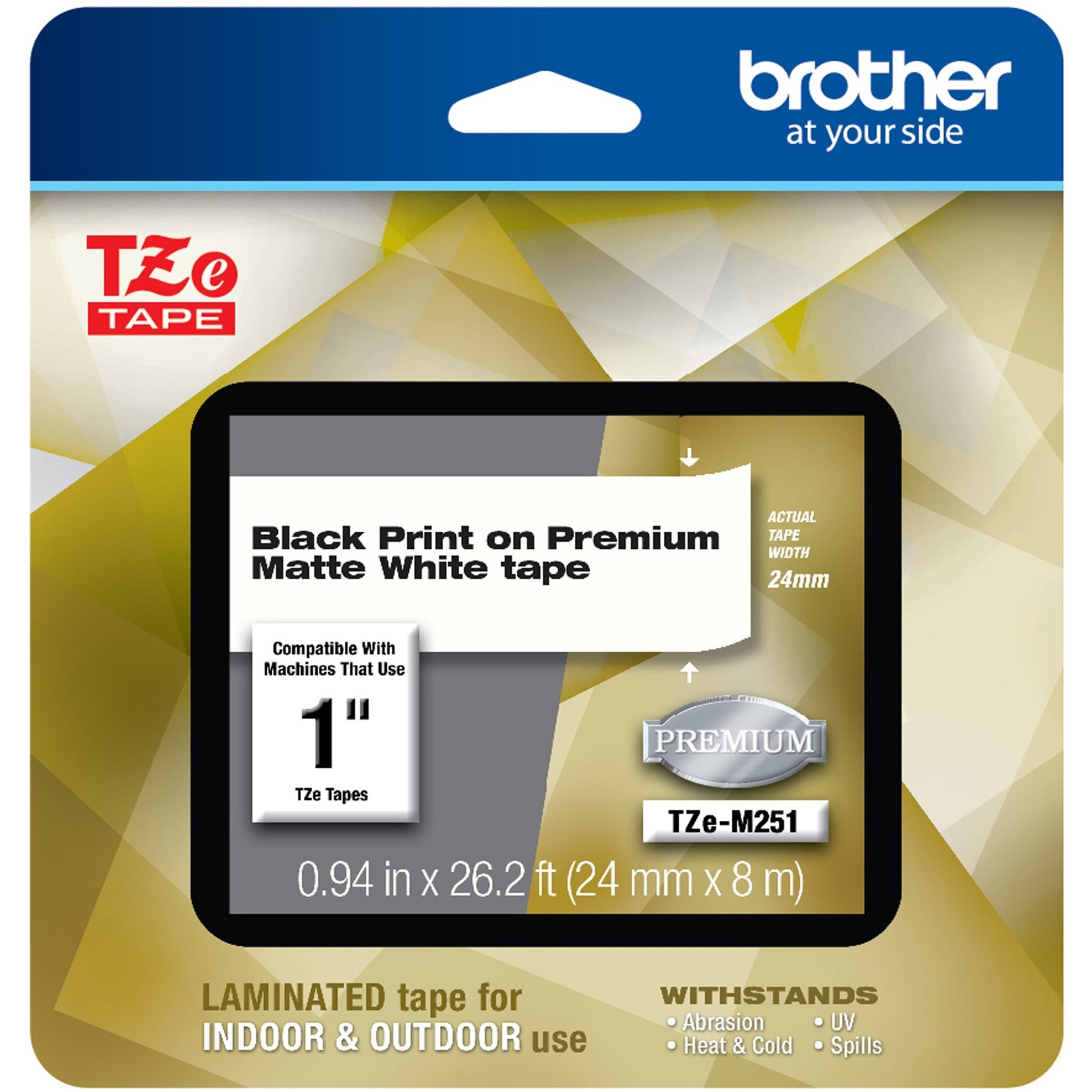 Brother TZEM251 TZe Premium Label Tape, 24MM Black on Matte White, Compatible with Brother Printers