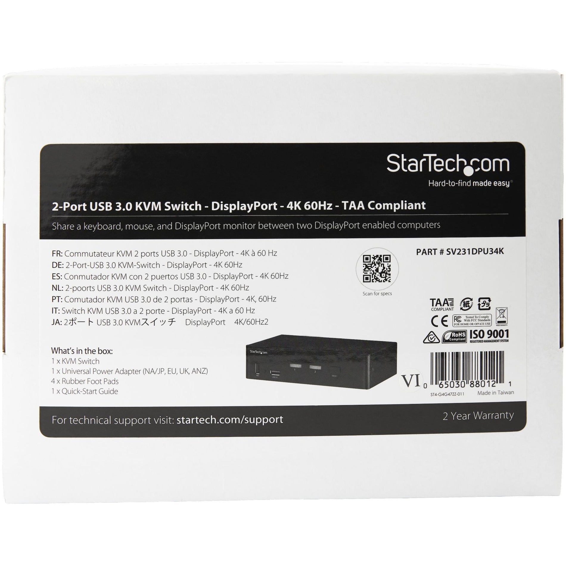 StarTech.com SV231DPU34K 2-Port DisplayPort KVM Switch - TAA Compliant, 4K 60Hz, USB 3.0 Hub, Audio