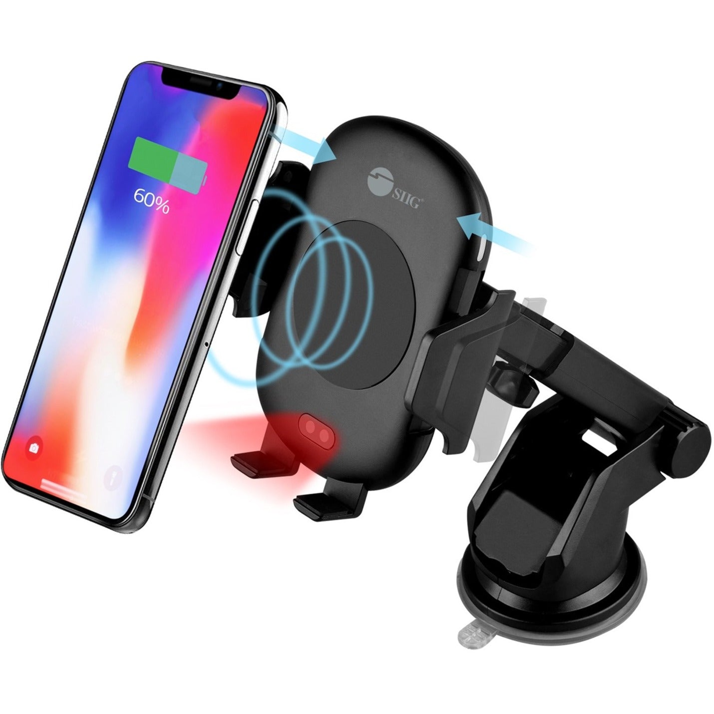 SIIG AC-PW1M11-S1 Auto-Clamping Wireless Car Charger Mount/Stand, Suction Cup, Air Vent, Wireless Charging