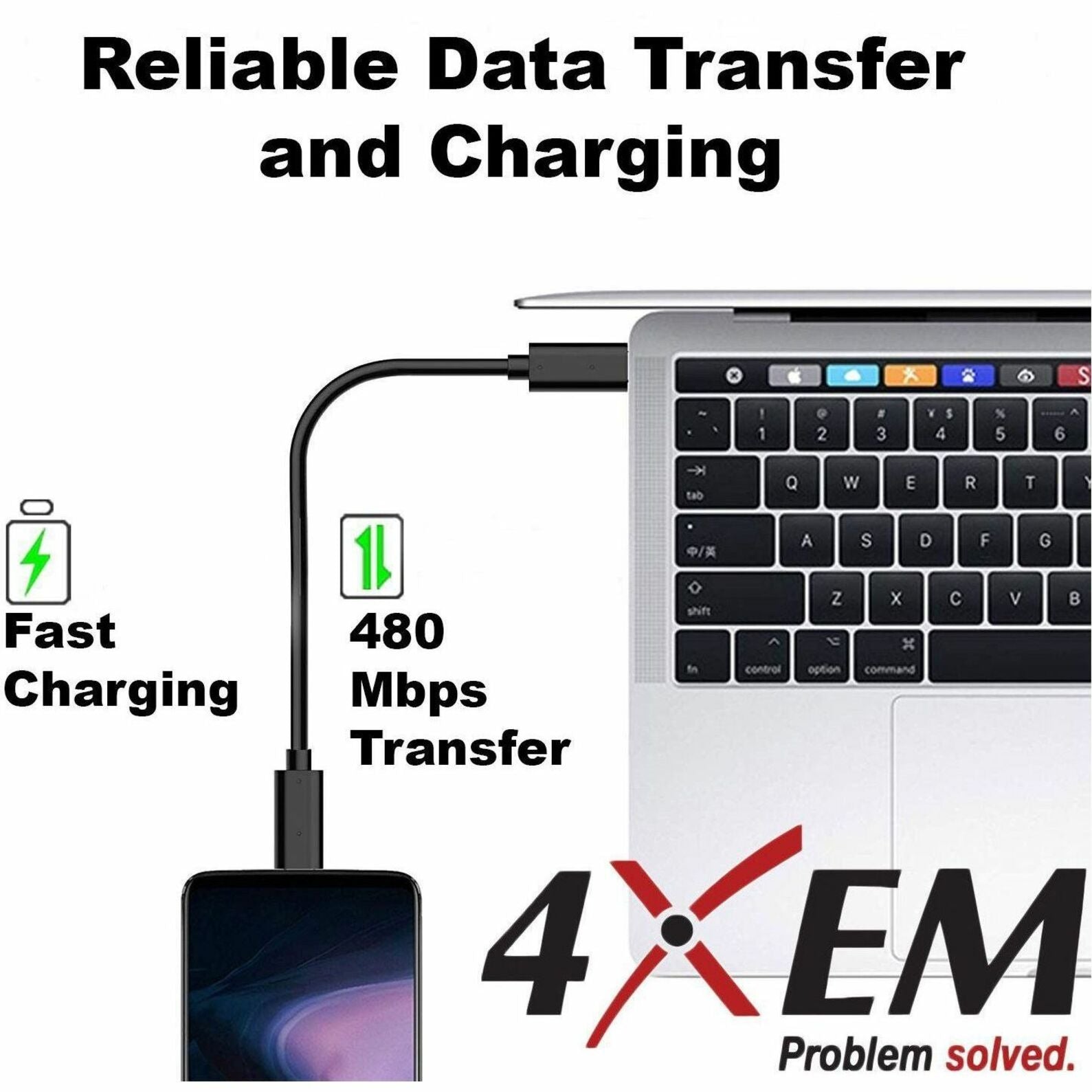 4XEM 4XUSBCMICROB10 USB-C to Micro USB 2.0 Cable - 10ft, Reversible, Crosstalk Protection, Black