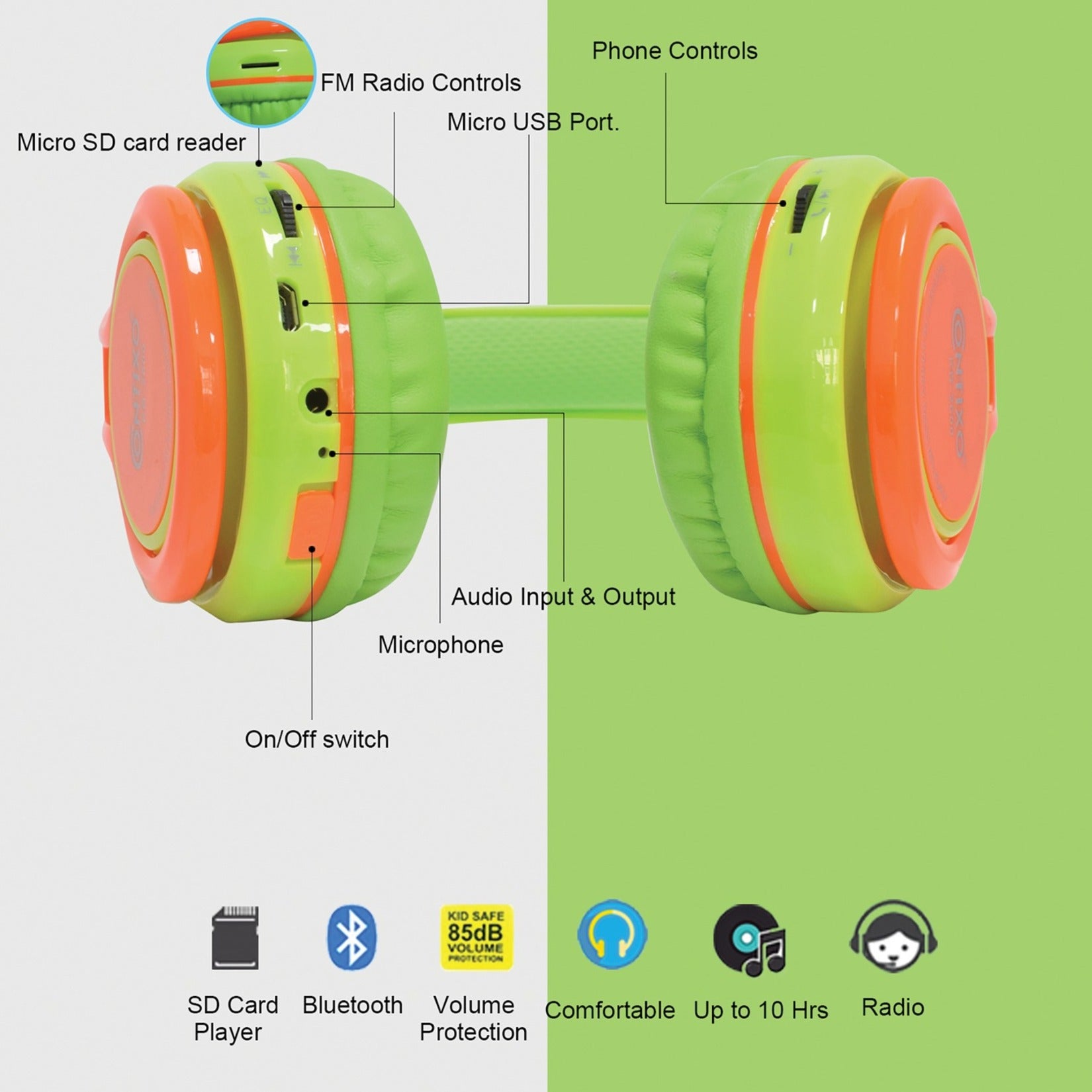Contixo KB2600 Kid Safe Foldable Wireless Bluetooth Headphone - Green [Discontinued]