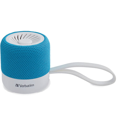 Teal Verbatim Mini Bluetooth Speaker with white accents and mesh fabric covering, showing front speaker grille-alternate-image1