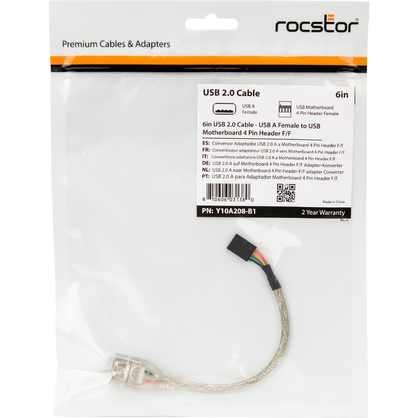Rocstor Y10A208-B1 USB A to Motherboard 4 Pin Premium USB 2.0 Cable, 6" Length, Black