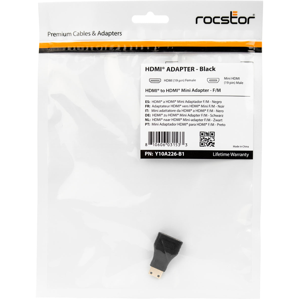 Rocstor Y10A226-B1 Premium HDMI to Mini HDMI Adapter - F/M, Gold Plated, Black