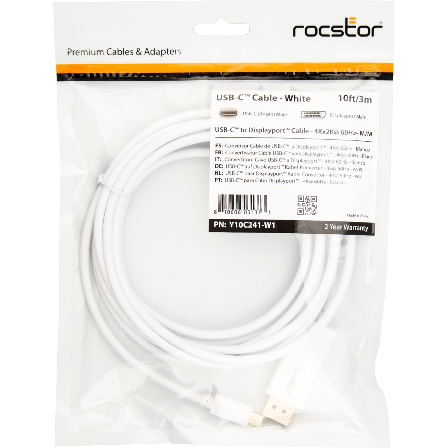 Rocstor Y10C241-W1 10ft USB Type C to DisplayPort Cable, 4K 60Hz, White