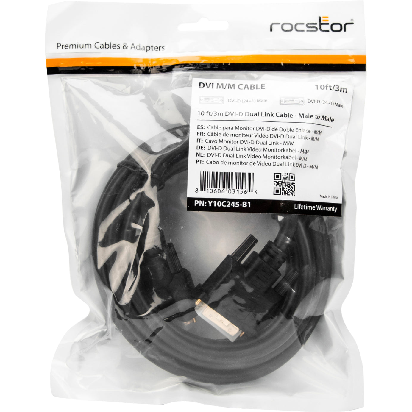 Rocstor Y10C245-B1 DVI-D Dual Link Display Cable (m/m), 10 ft, Corrosion Resistant, Strain Relief, Molded