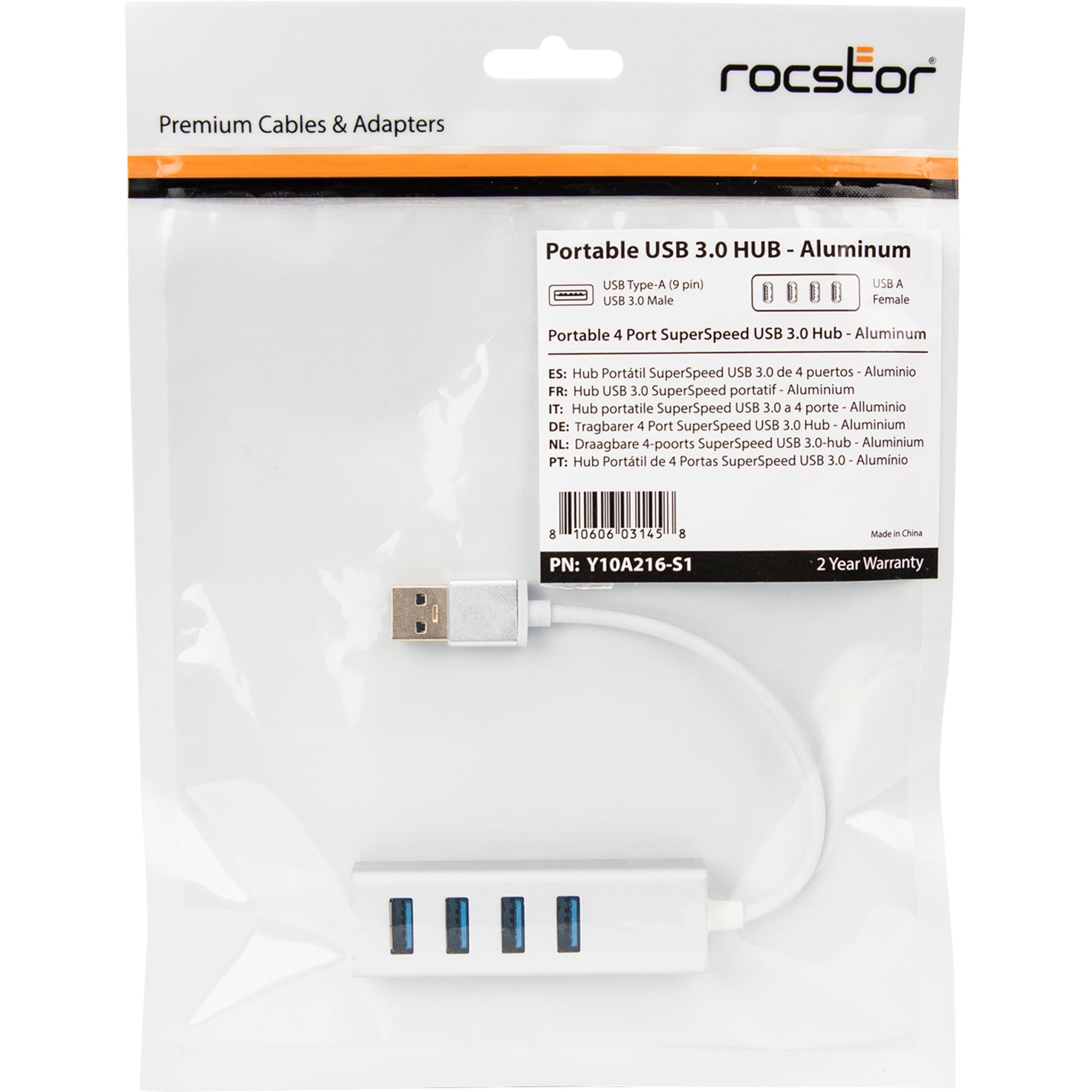Rocstor Y10A216-S1 6 in Portable 4 Port SuperSpeed Mini USB 3.0 Hub, Aluminum Silver