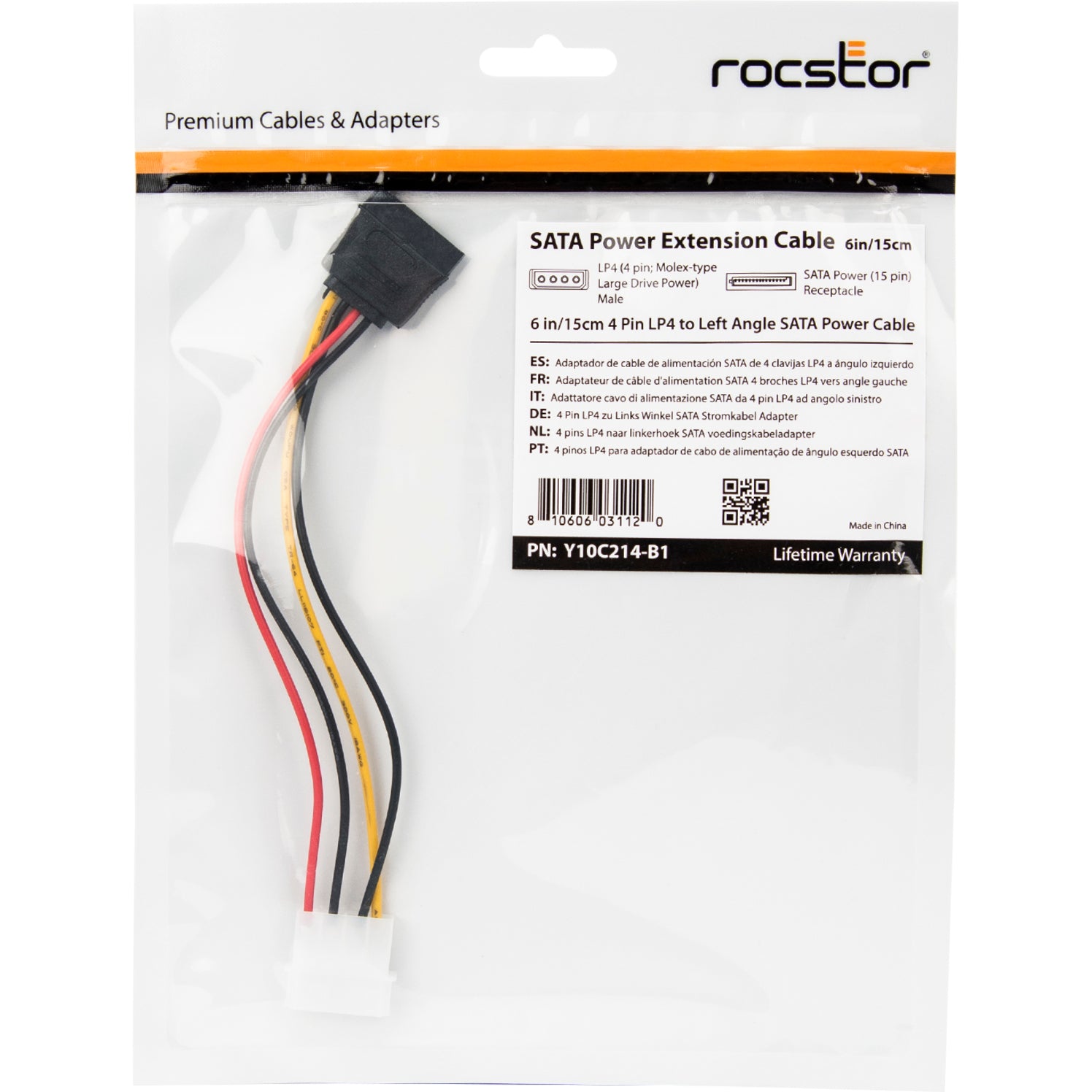 Rocstor Y10C214-B1 6in 4 Pin Molex to Left Angle SATA Power Cable Adapter, Data Transfer Cable