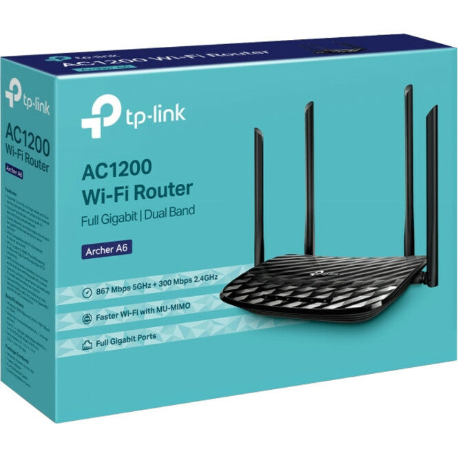 TP-Link ARCHER A6 AC1200 Wireless MU-MIMO Gigabit Router, Wi-Fi 5, 2 Year Warranty