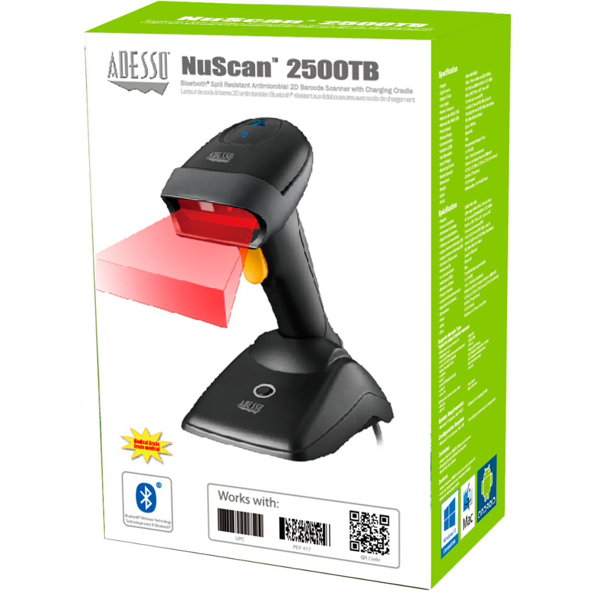 Adesso NUSCAN 2500TB Bluetooth Handheld Barcode Scanner, Long Range, Spill Resistant, Antimicrobial