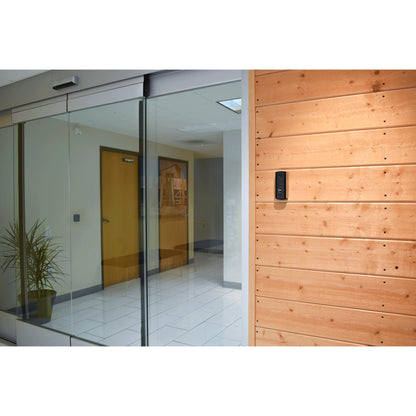 Optex video intercom door station mounted on wooden wall next to glass entrance showing commercial installation-alternate-image2