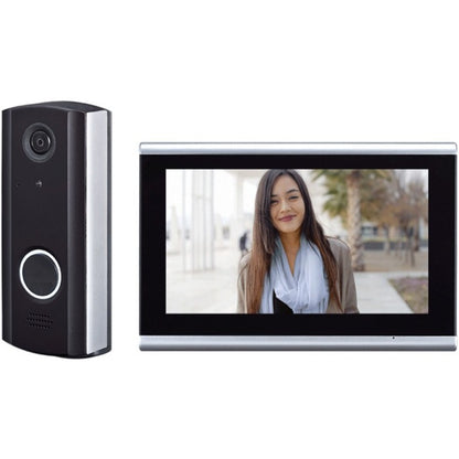 Optex iVision+ video intercom system showing door unit and 7-inch master monitor station displaying visitor video feed-alternate-image1