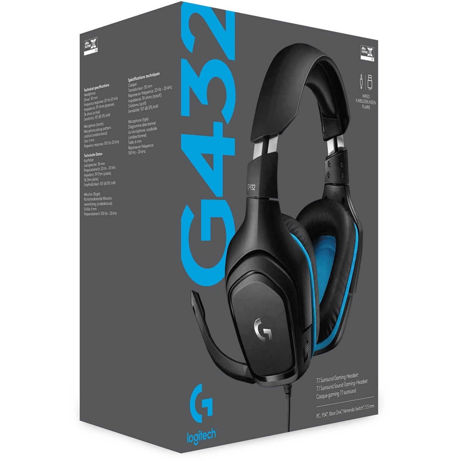 Logitech G432 Gaming Headset, Surround Sound, 50mm Drivers