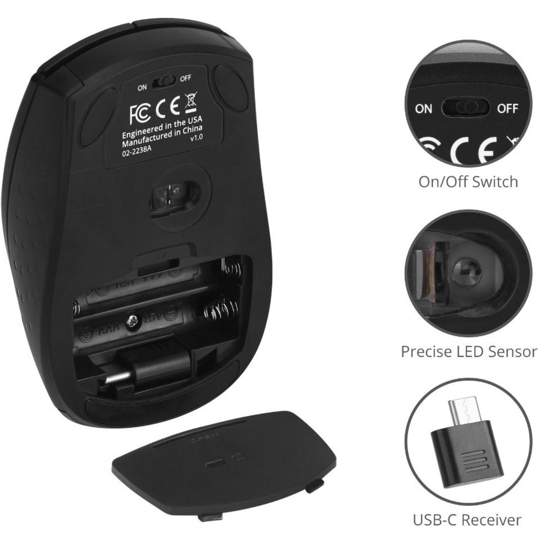 SIIG JK-WR0U11-S1 USB-C Wireless 2.4G 3-Button Mouse, 1600 DPI, Black