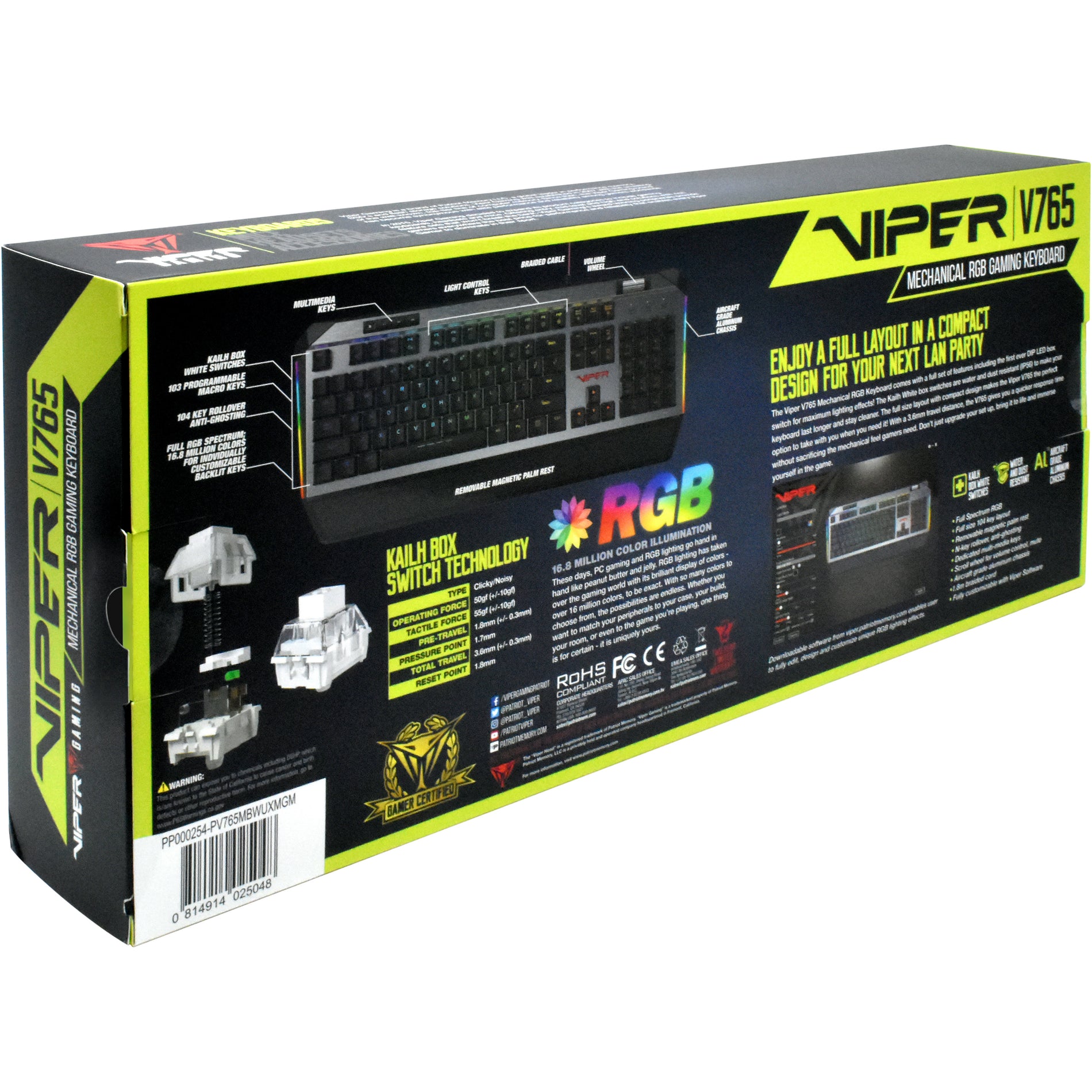 VIPER PV765MBWUXMGM V765 Gaming Keyboard, Mechanical Keys, Multimedia & Volume Control