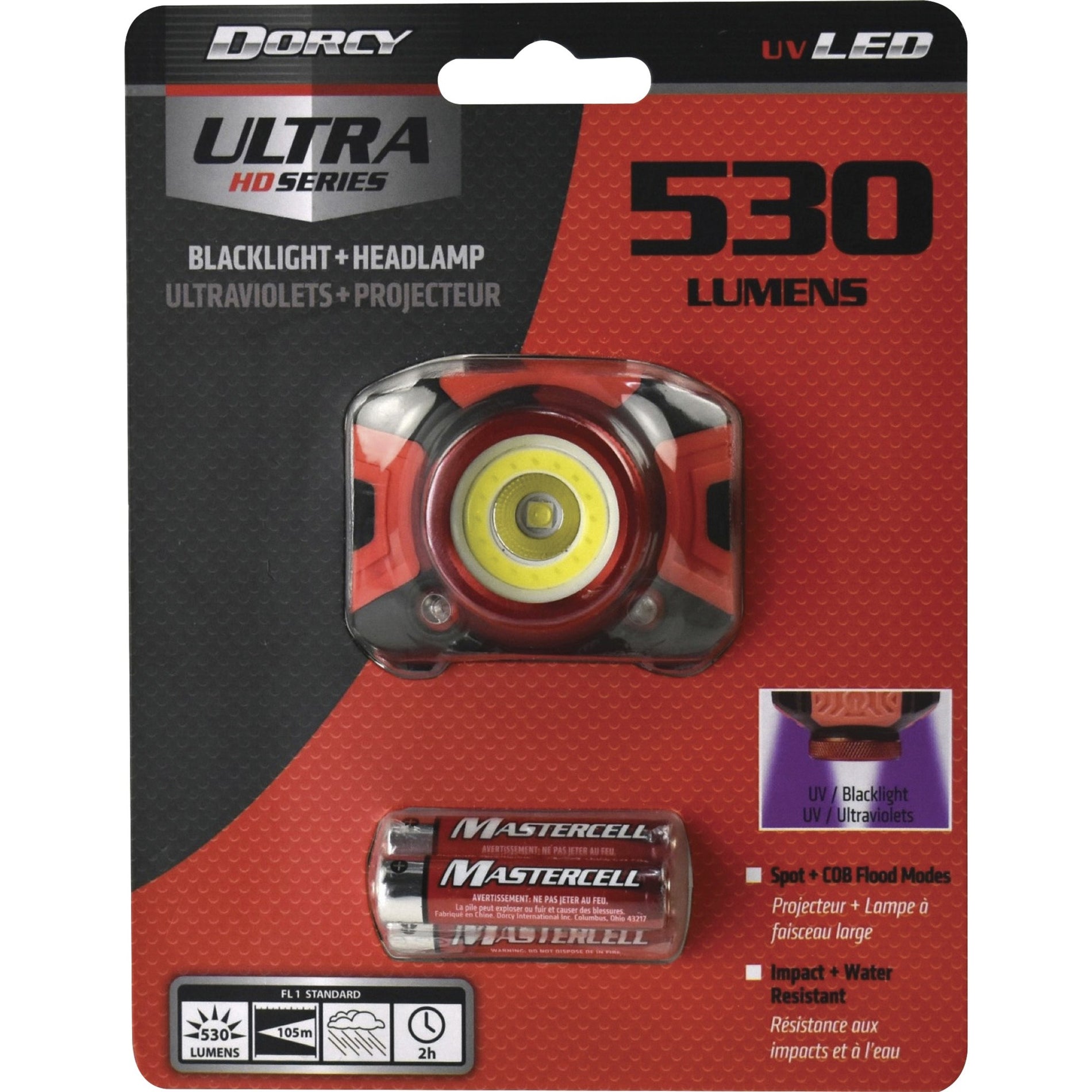 Dorcy 414335 Ultra HD 530 Lumen Headlamp, Water Resistant, AAA Battery Powered