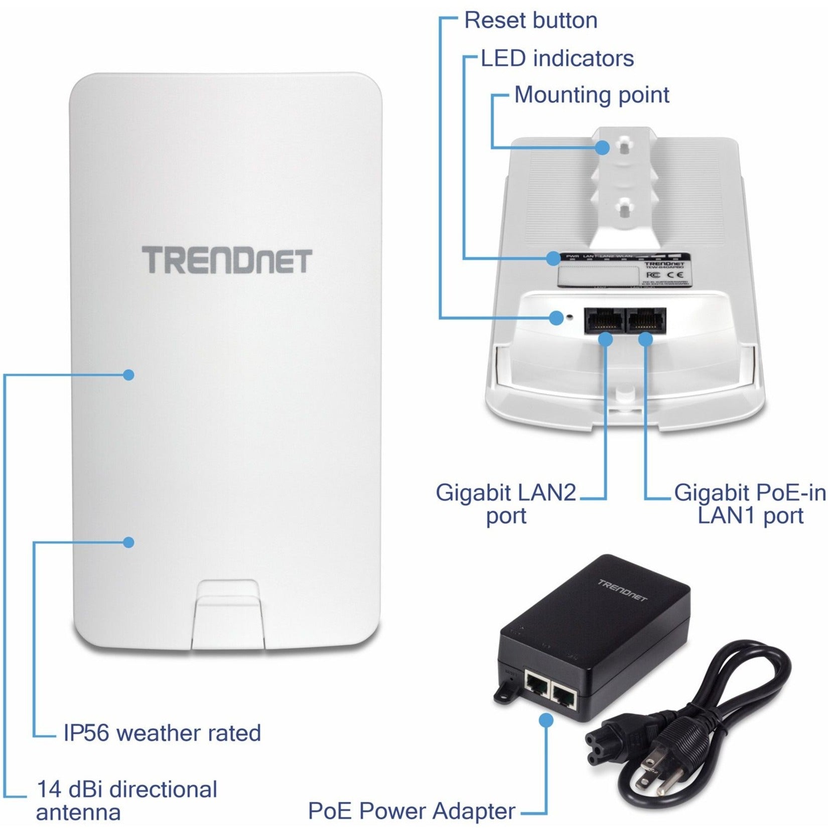 TRENDnet TEW-840APBO2K 14 dBI WiFi AC867 Outdoor Poe Preconfigured Point-to-Point Bridge Kit, 5GHz, Gigabit Ethernet, 867 Mbit/s