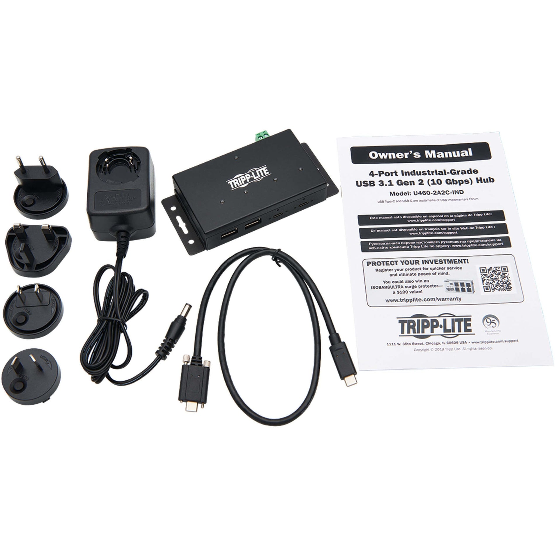 Tripp Lite U460-2A2C-IND USB 3.1 Gen 2 Hub, 4-Port Industrial-Grade, PC/Mac Compatible
