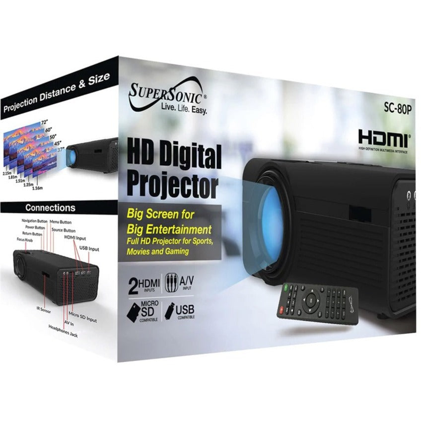 Supersonic SC-80P HD Digital Projector, Wall Mountable, Ceiling Mountable, Black