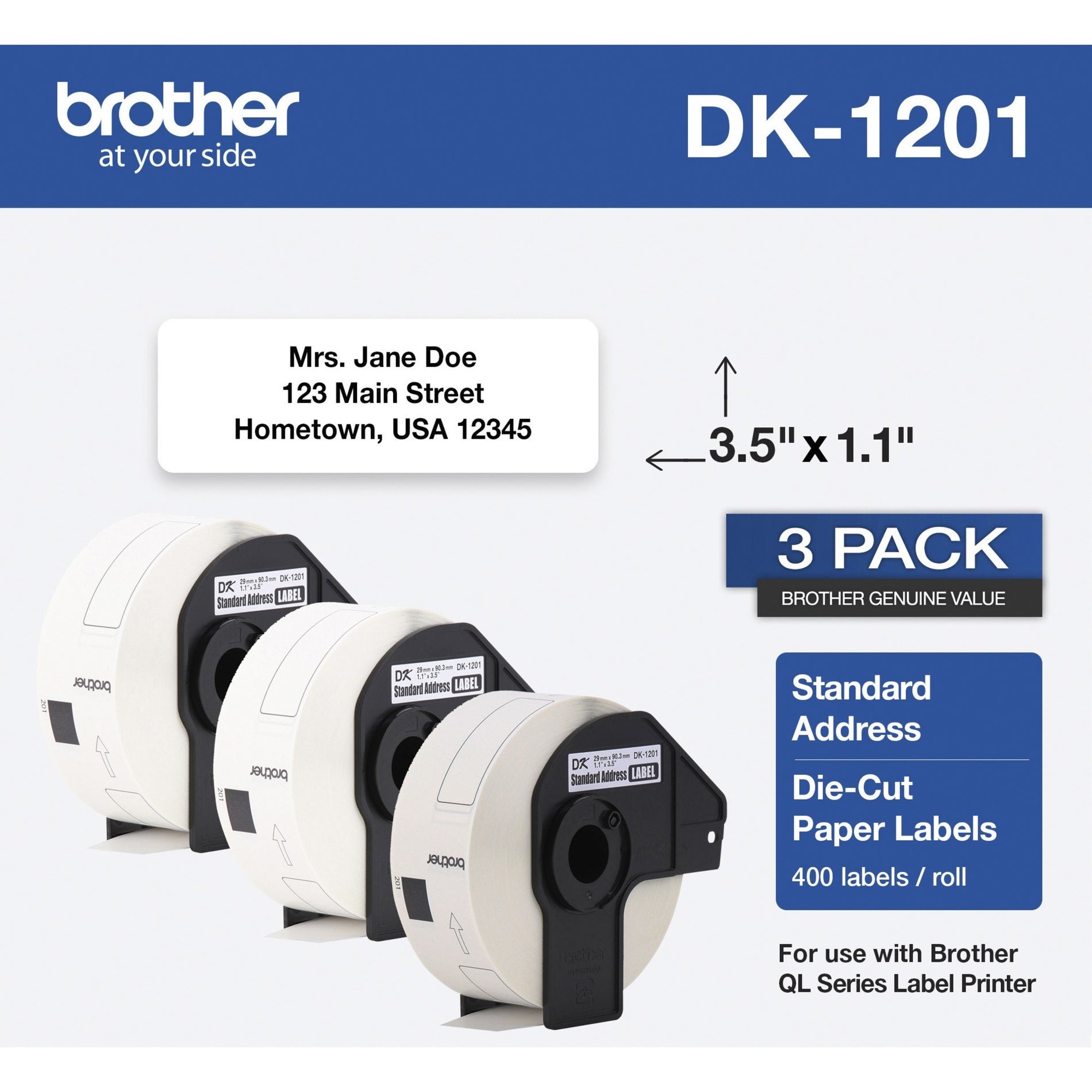 Brother DK12013PK Thermal Die-Cut Standard Address Labels, 1 9/64" x 3 1/2", 1200 Labels