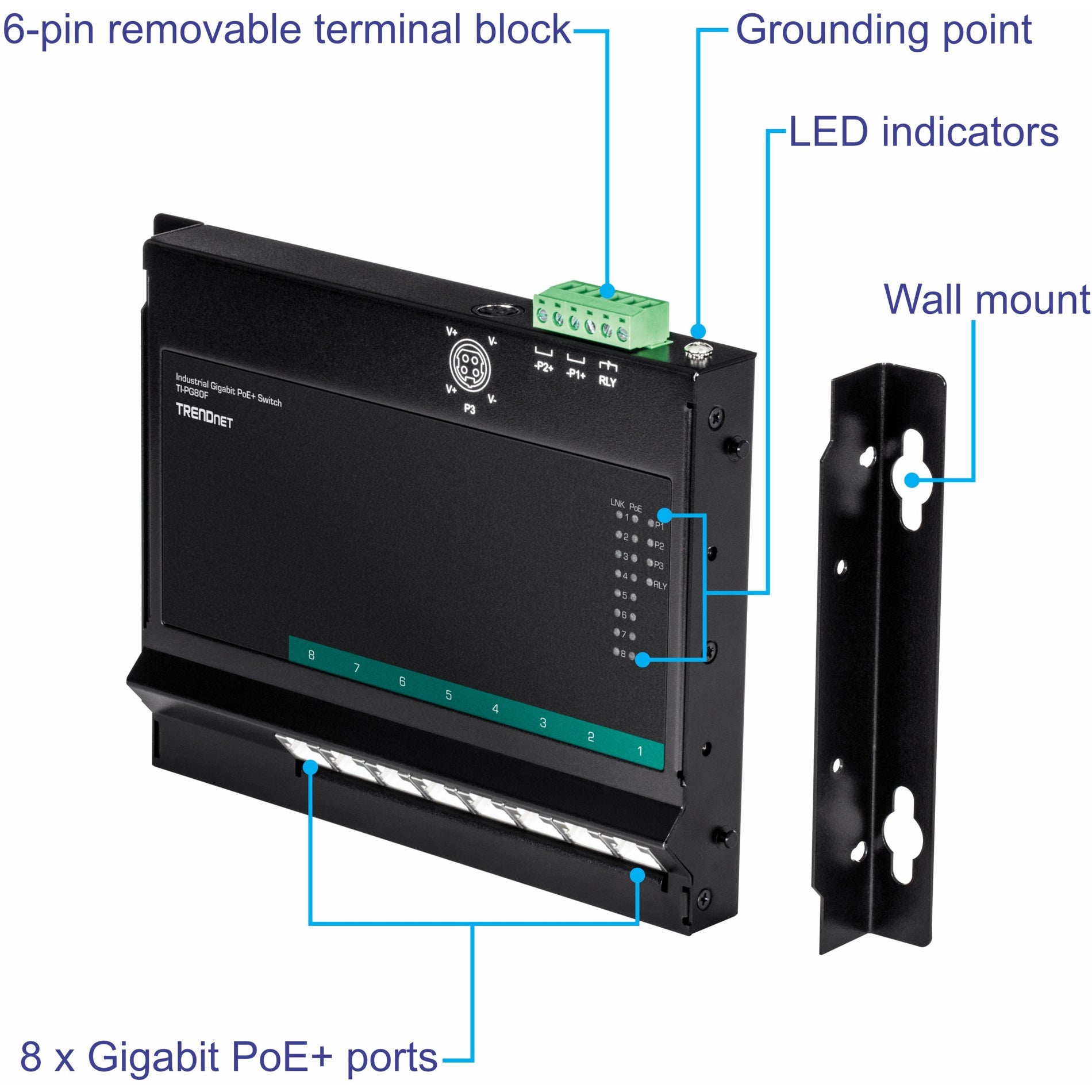 TRENDnet 8-Port Industrial Gigabit Poe+ Wall-Mounted Front Access Switch; 8X Gigabit Poe+ Ports; DIN-Rail Mount; 48 ?57V DC Power Input; IP30; 200W Poe Budget;Lifetime Protection; TI-PG80F (TI-PG80F) Alternate-Image7 image
