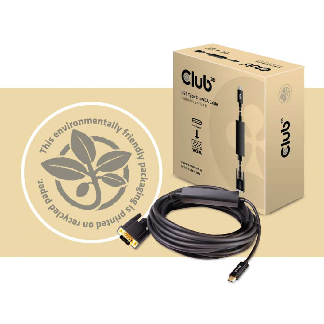 Club 3D CAC-1512 USB Type C to VGA Active Cable M/M 5m/16.40ft, Reversible, 1920 x 1200 Supported Resolution