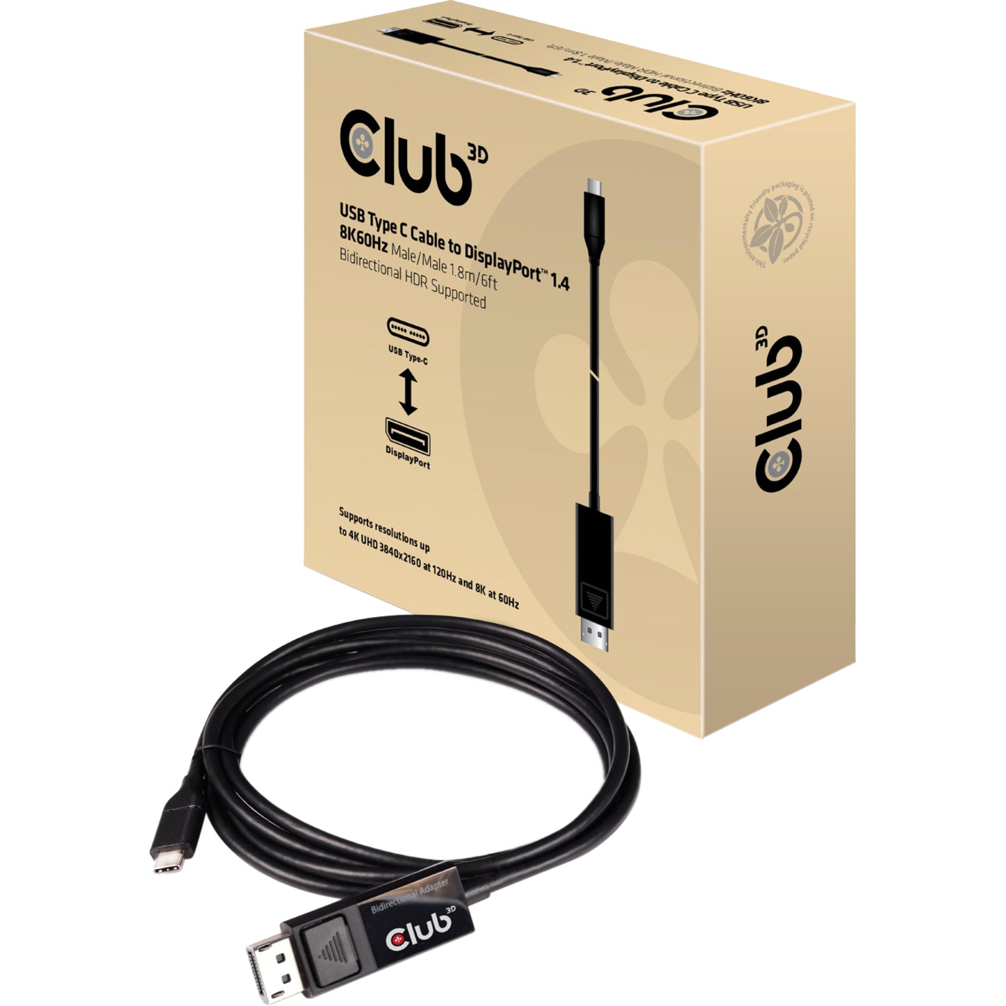 Club 3D CAC-1557 USB Type C Cable to DP 1.4 8K60Hz M/M 1.8m/5.9ft, Reversible, Black