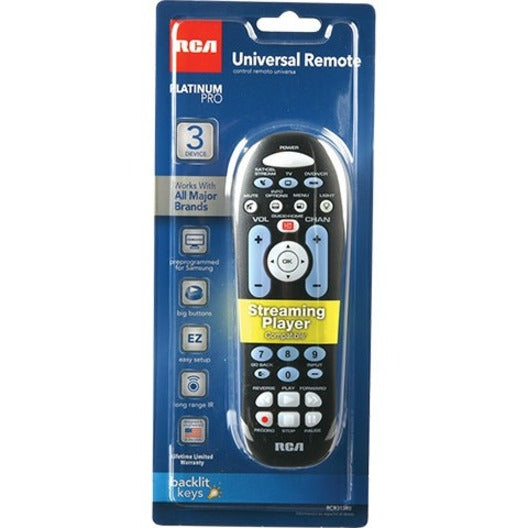 RCA RCR313BE 3-Device Universal Remote Control - Black, Compatible with Roku, Apple TV, and Other Streaming Boxes