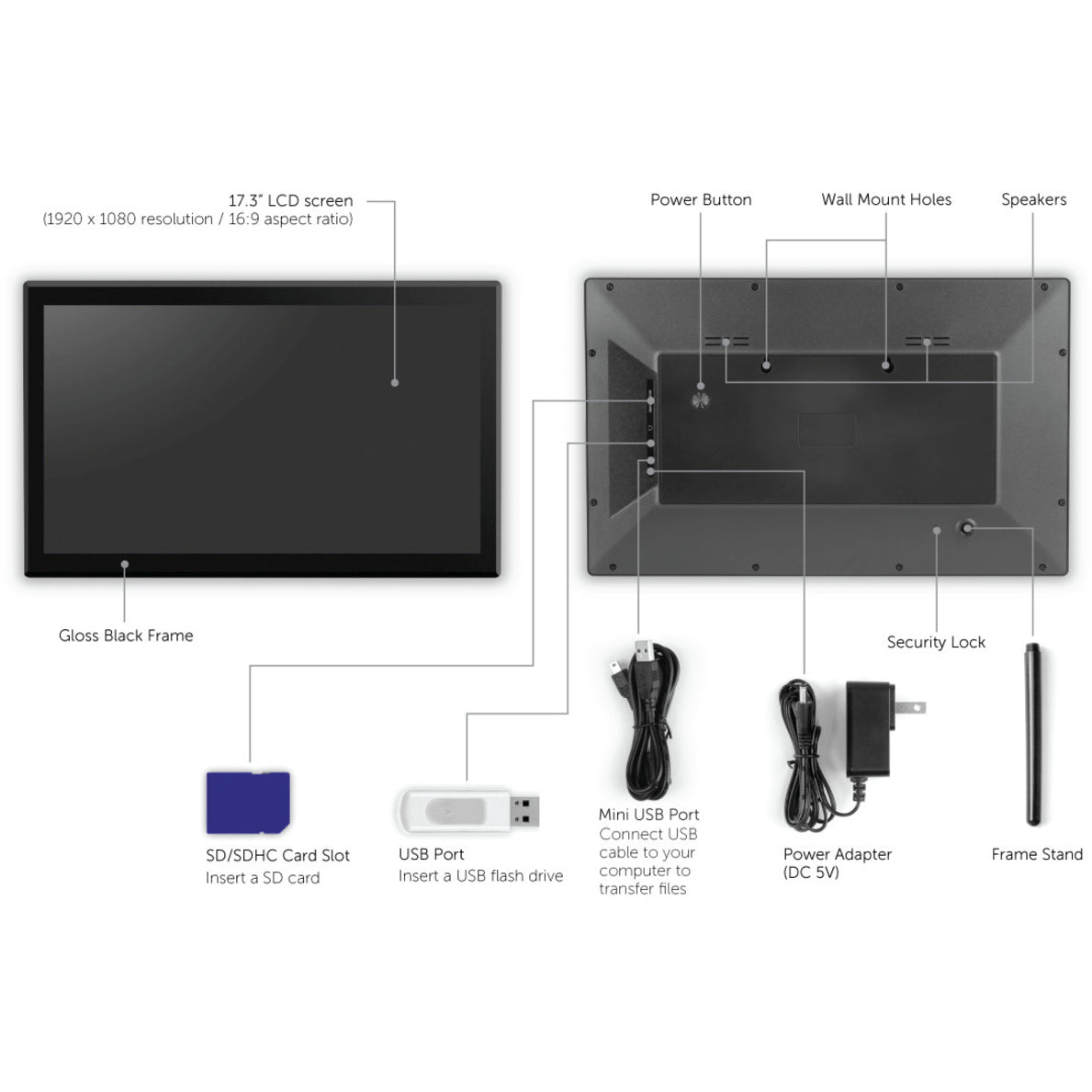 Aluratek AWS17F Digital Frame, 17.3" Touchscreen, 16GB Built-in Memory, Wall Mountable