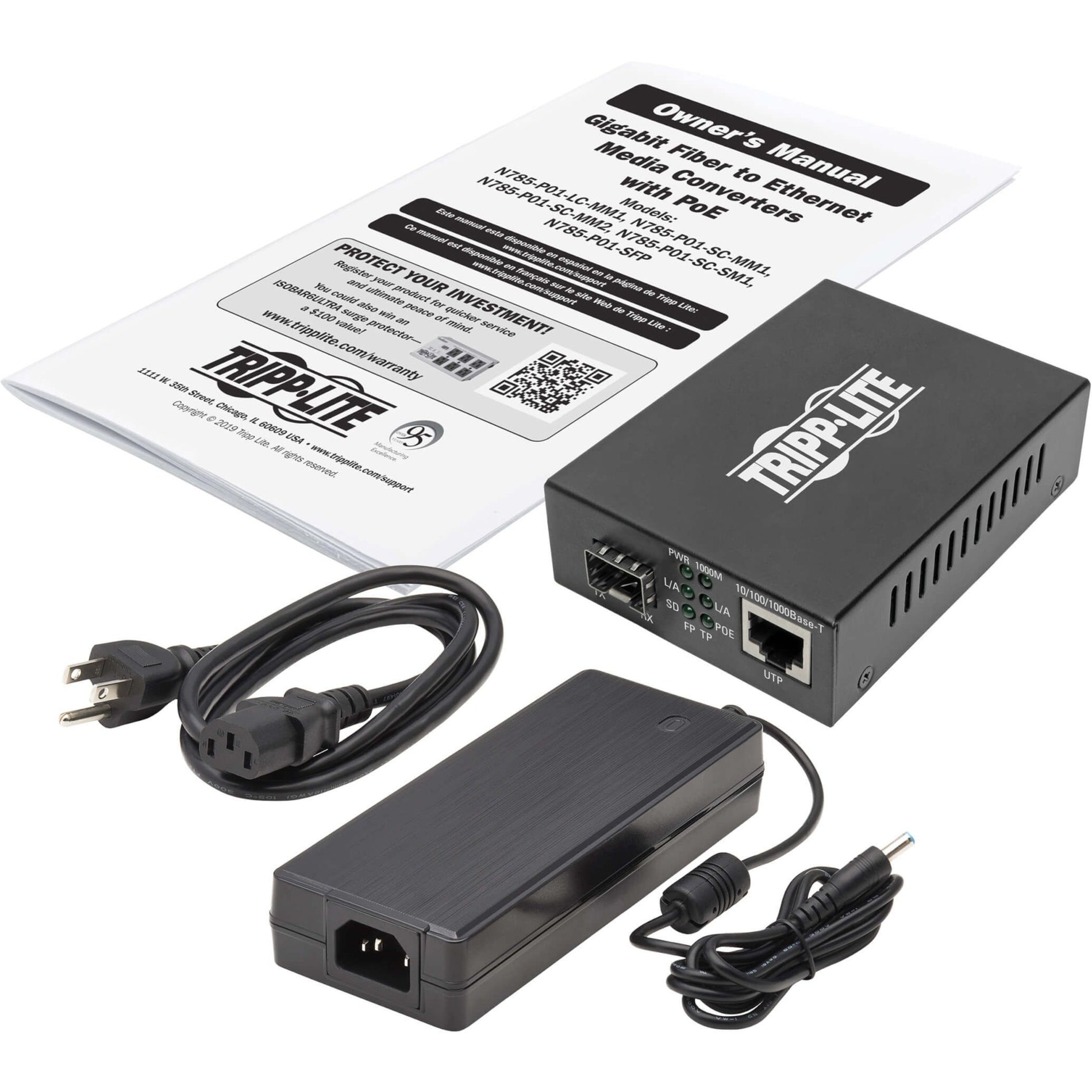 Tripp Lite N785-P01-SFP Gigabit SFP Fiber to Ethernet Media Converter, POE+ - 10/100/1000 Mbps