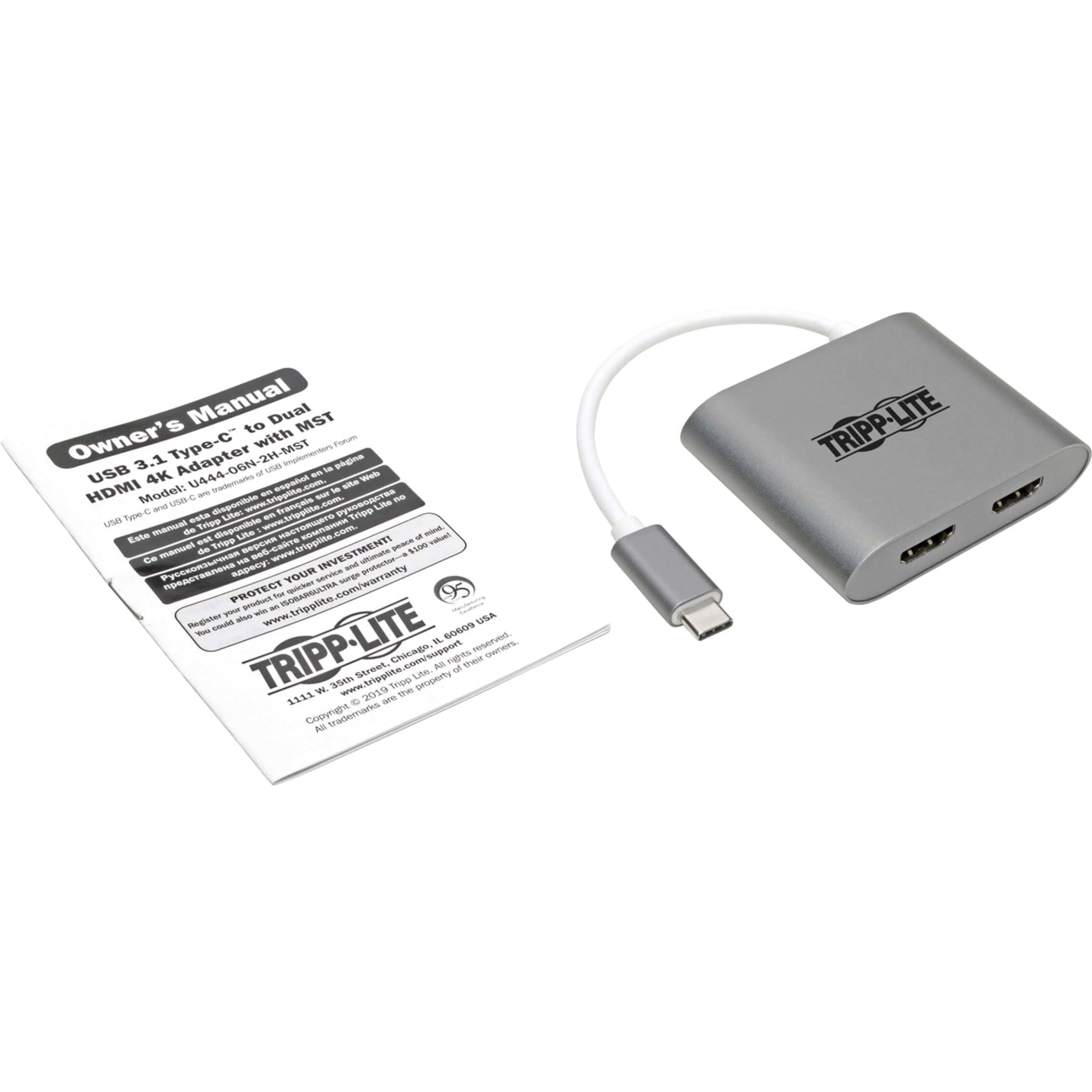 Tripp Lite U444-06N-2H-MST HDMI/USB Adapter, Reversible, 3840 x 2160 Resolution, Gray