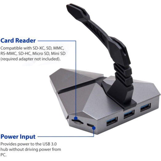 SYBA Multimedia CL-HUB53002 Mouse Bungee with 3 Port USB 3.0 hub / MicroSD Slot, USB Hub with Built-in Card Reader and Cable Management