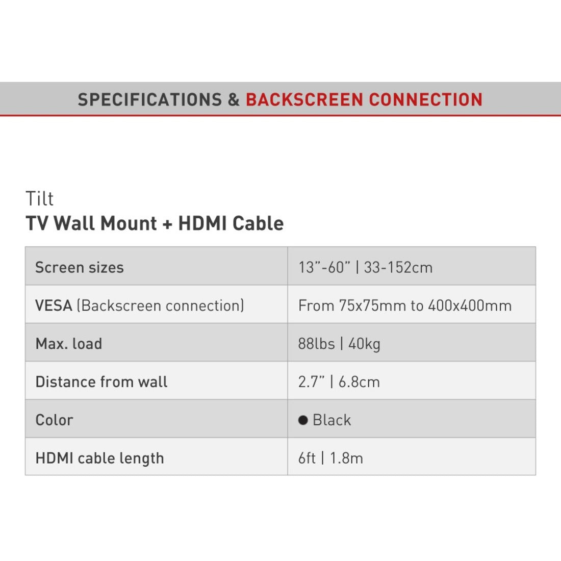 Barkan CHD310.B 2-in-1 Tilt TV Wall Mount for 13-60" Screens, Black