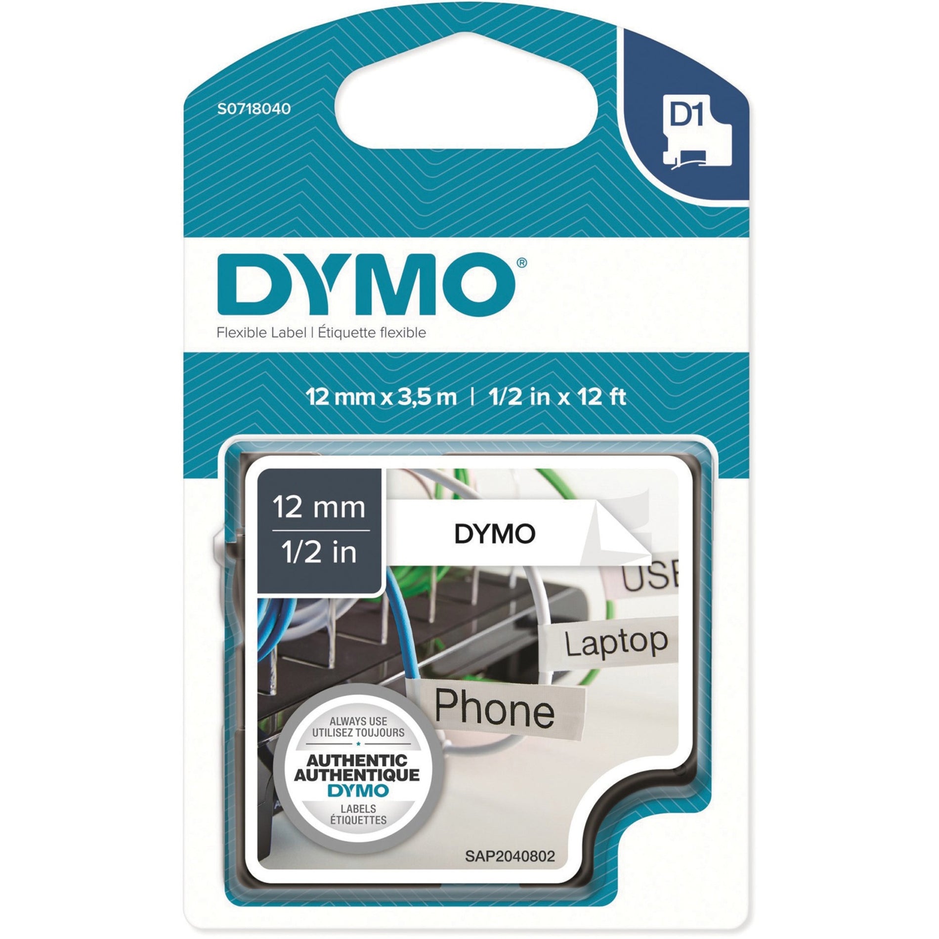 Dymo S0718040 D1 Flexible Nylontape 12mm, Self-adhesive, White/Black, Permanent Label Tape
