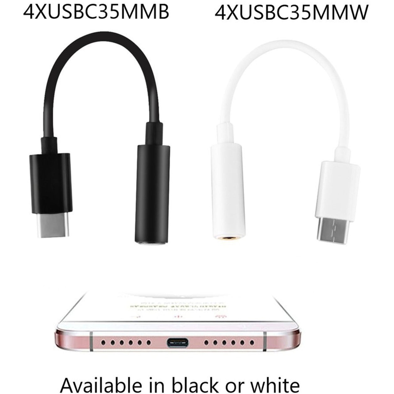 4XEM 4XUSBC35MMW USB-C Male TO 3.5MM Female Adapter White, Active, Reversible, 5" Cable Length