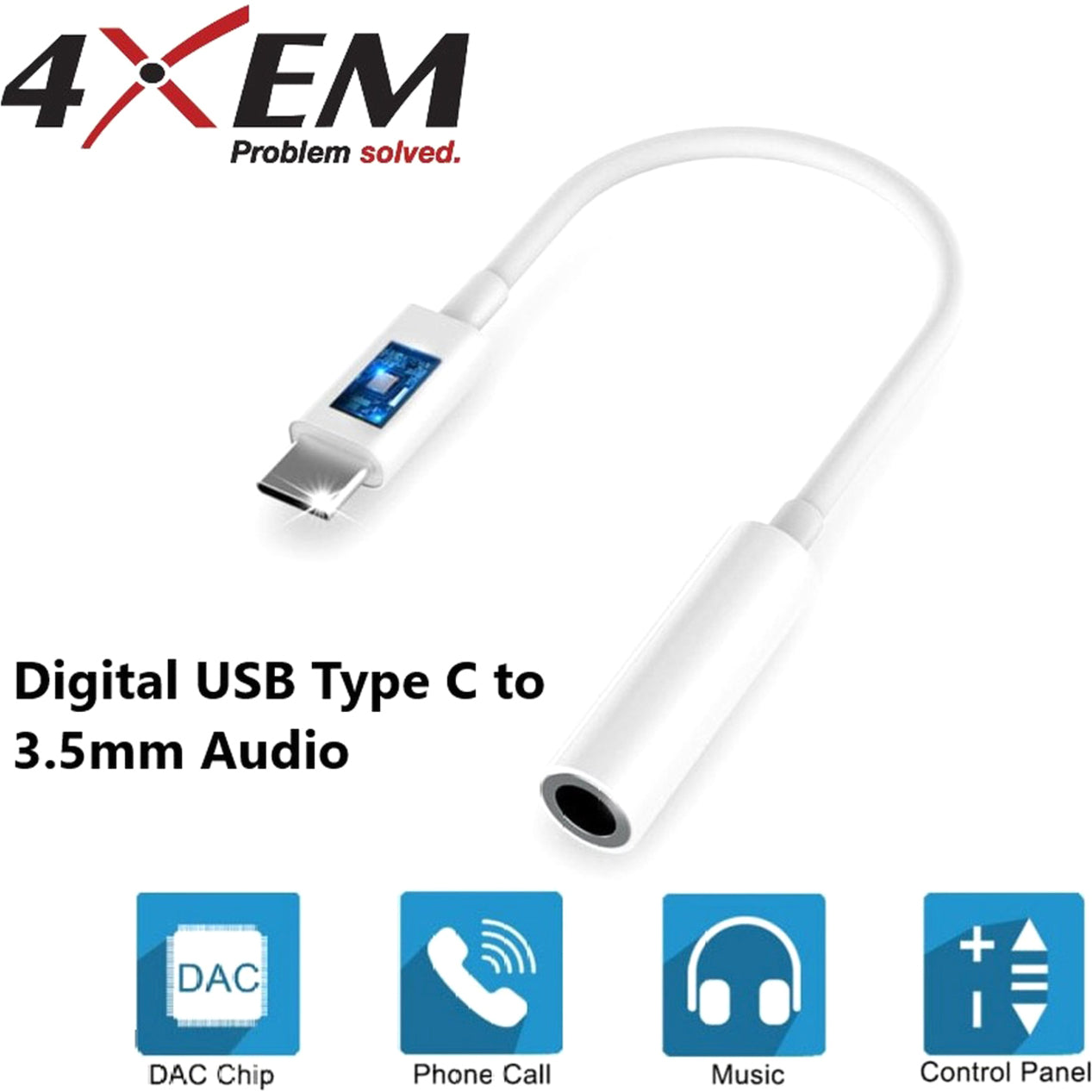 4XEM 4XUSBC35MMW USB-C Male TO 3.5MM Female Adapter White, Active, Reversible, 5" Cable Length