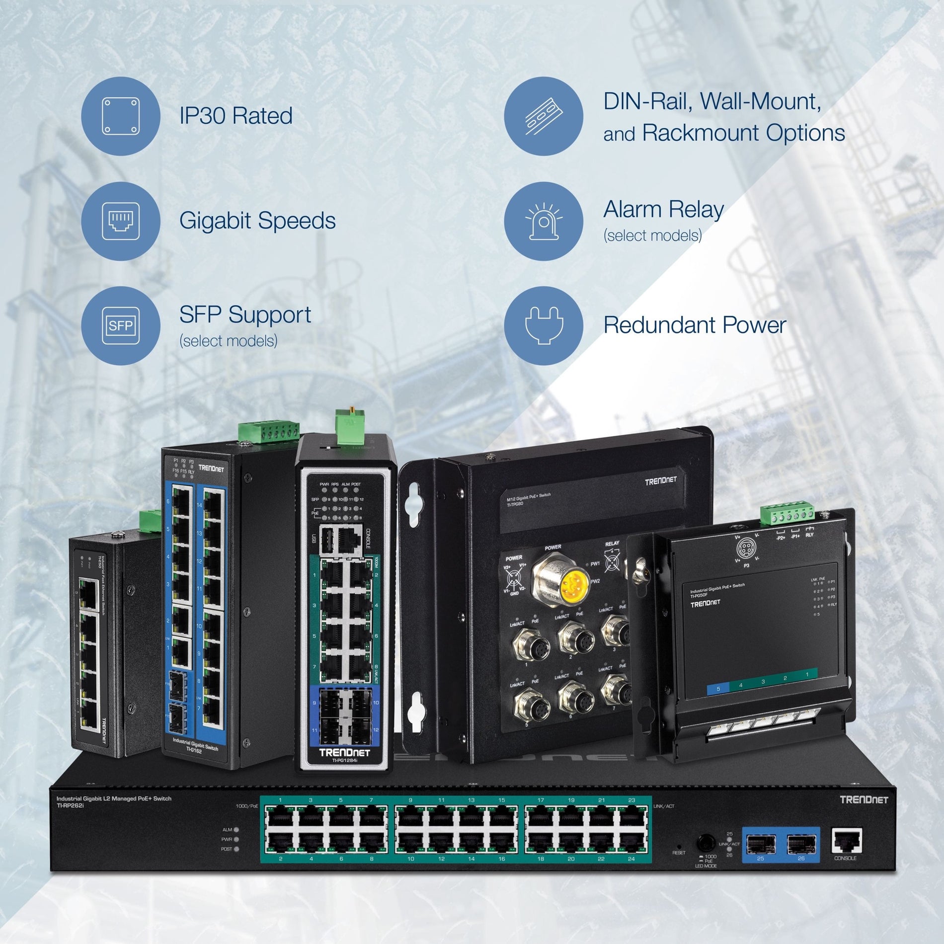 TRENDnet TI-G102I 10-Port Industrial Gigabit L2 Managed DIN-Rail Switch, 8 x Gigabit, 2 x SFP Slots, VLAN, QoS, LACP