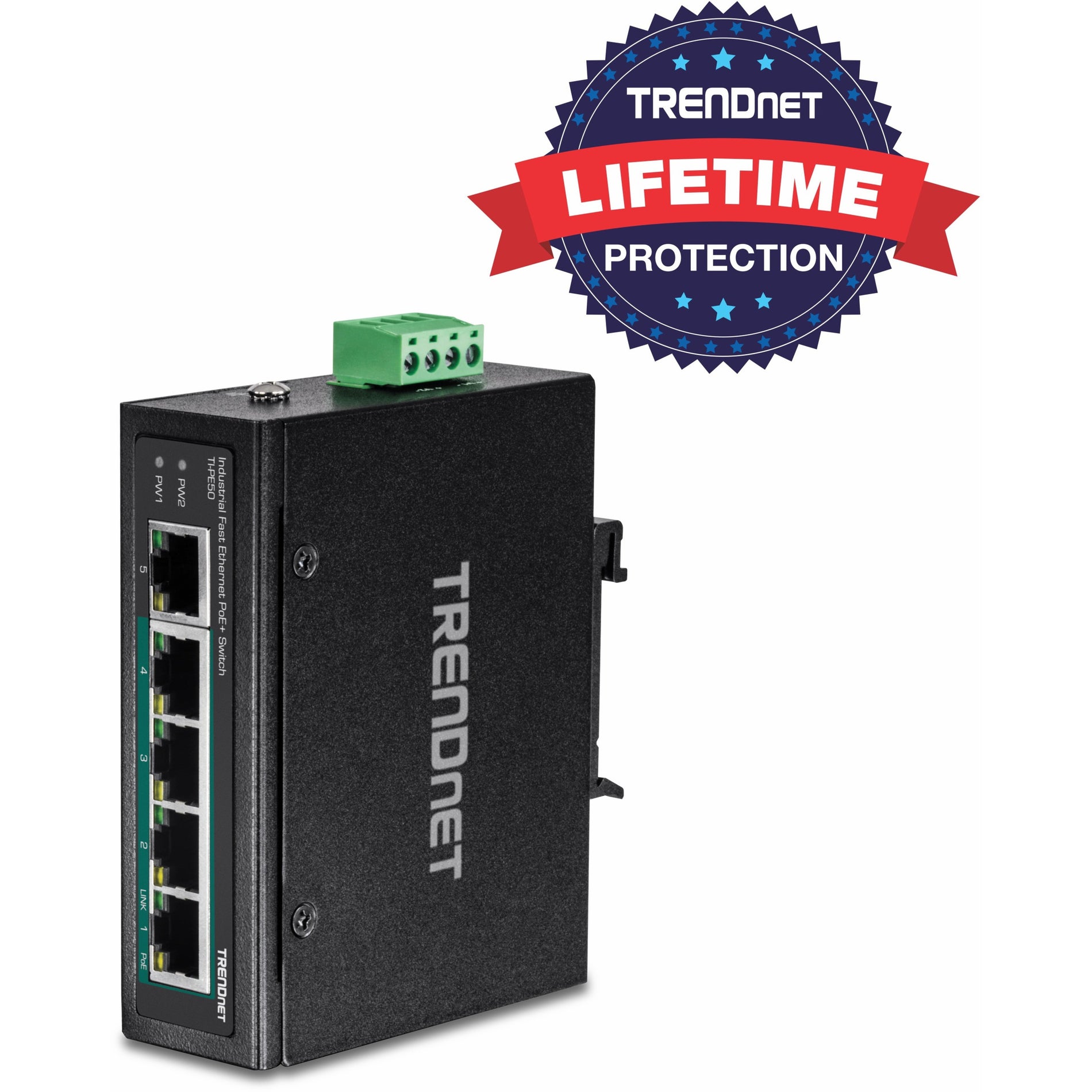 TRENDnet TI-PE50 5-Port Industrial Fast Ethernet PoE+ DIN-Rail Switch, 4 x Fast Ethernet PoE+ Ports, 1 x Fast Ethernet Port, 90W PoE Power Budget, DIN-Rail, IP30 Rated, Lifetime Protection, Black