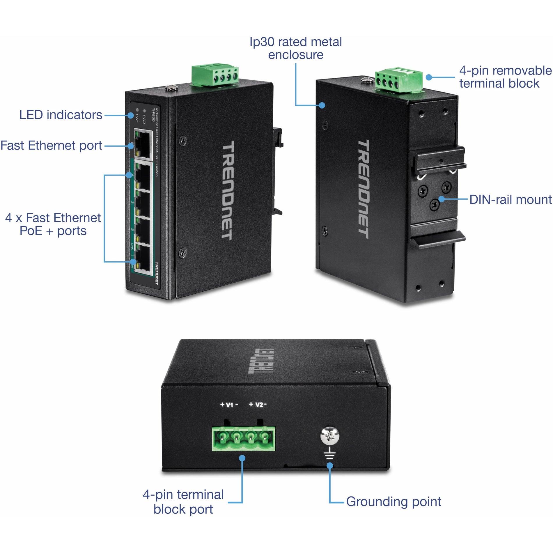 TRENDnet TI-PE50 5-Port Industrial Fast Ethernet PoE+ DIN-Rail Switch, 4 x Fast Ethernet PoE+ Ports, 1 x Fast Ethernet Port, 90W PoE Power Budget, DIN-Rail, IP30 Rated, Lifetime Protection, Black