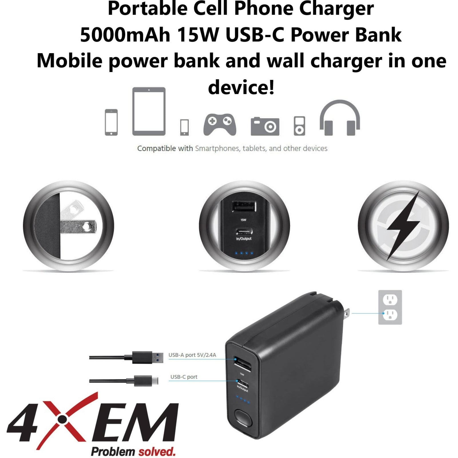 4XEM 4XCPC5000CHARGE 5000mAh Power Bank and Wall Charger Combo, Portable Mobile Charger for Camera, Smartphone, iPhone, Tablet PC, Headphone