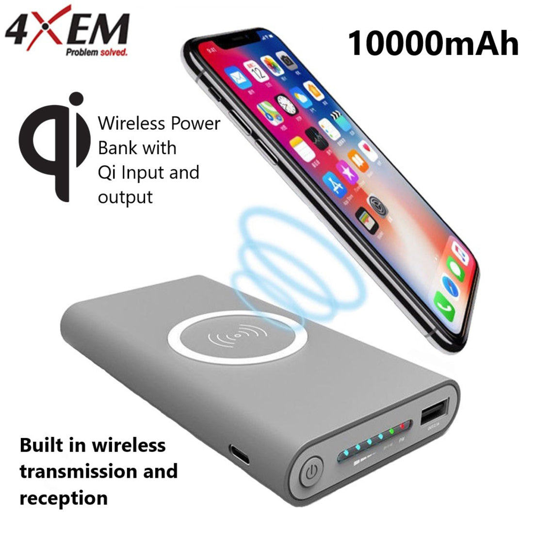 4XEM 4XWLSPWRBANKGR Fast Wireless Charging Power Bank Grey, 10000mAh Capacity