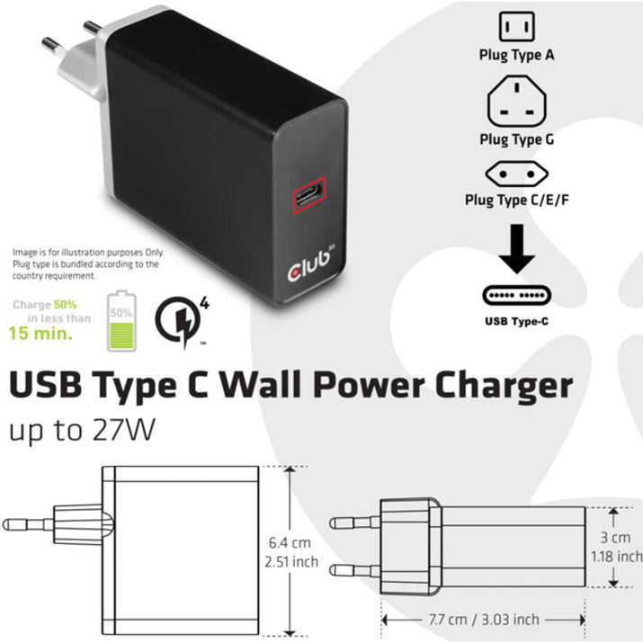 Club 3D CAC-1901 USB Type C Power Charger Up to 27W, Fast Charging for Your Devices