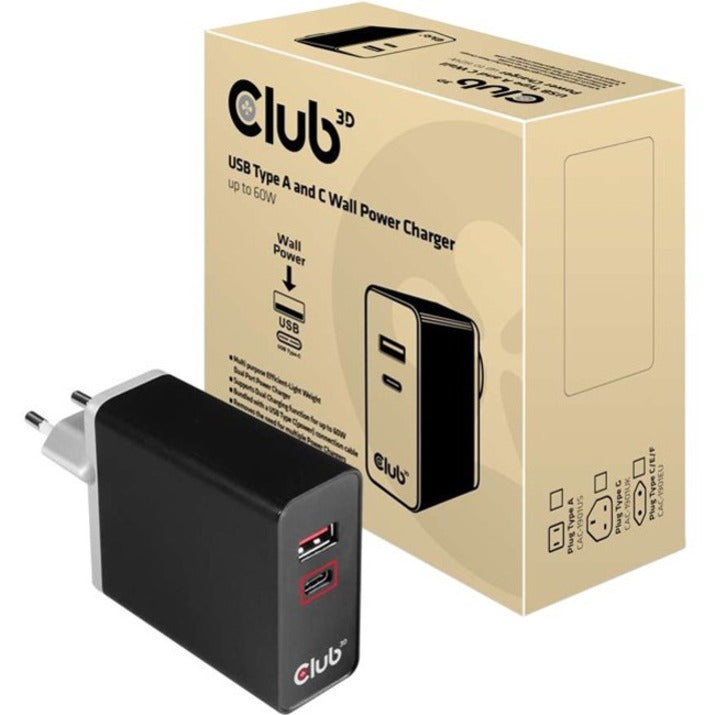 Club 3D CAC-1902 USB Type A and C Dual Power Charger up to 60W, Fast Charging for Multiple Devices