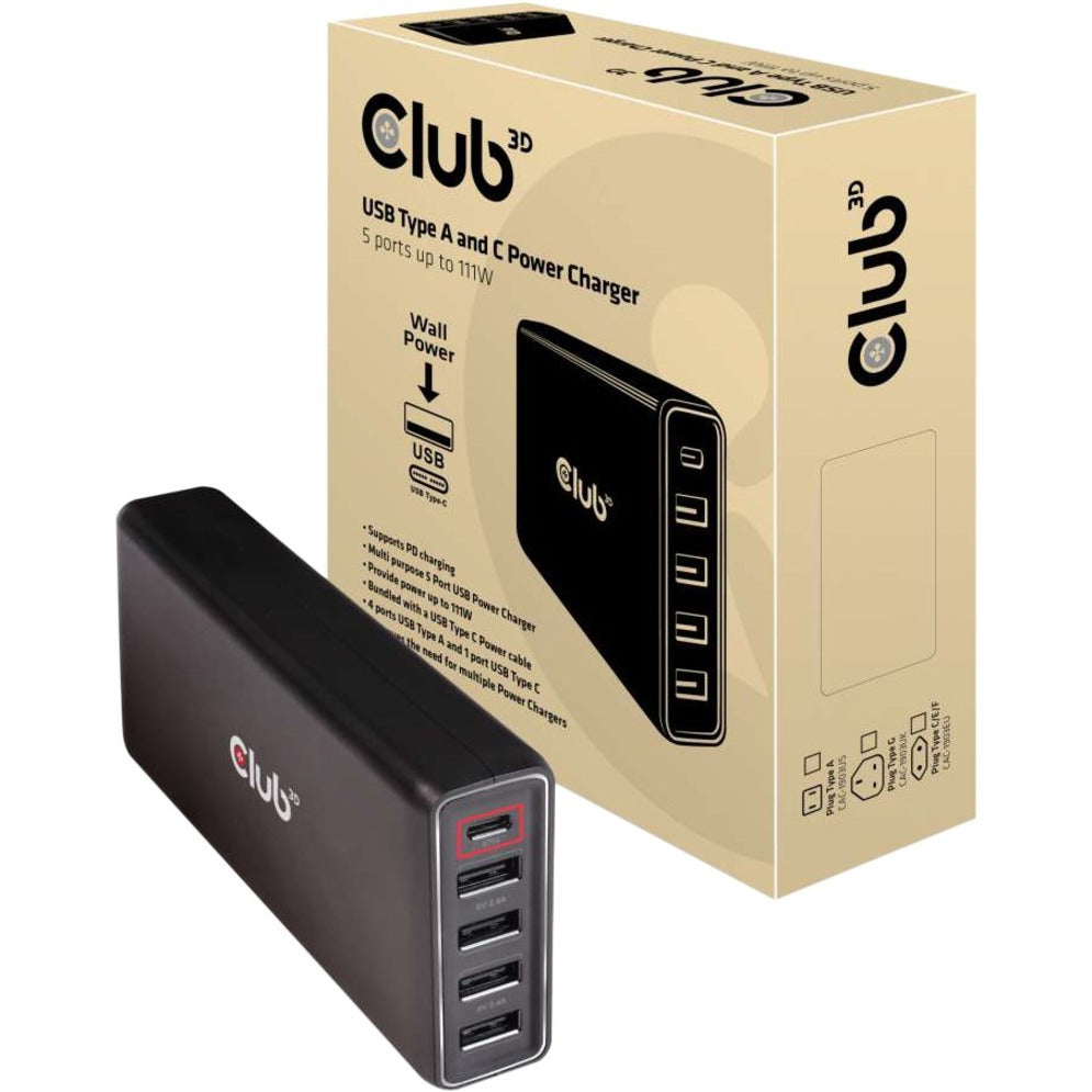 Club 3D CAC-1903 USB Type A and C Power Charger, 5 ports up to 111W, Fast Charging for Multiple Devices