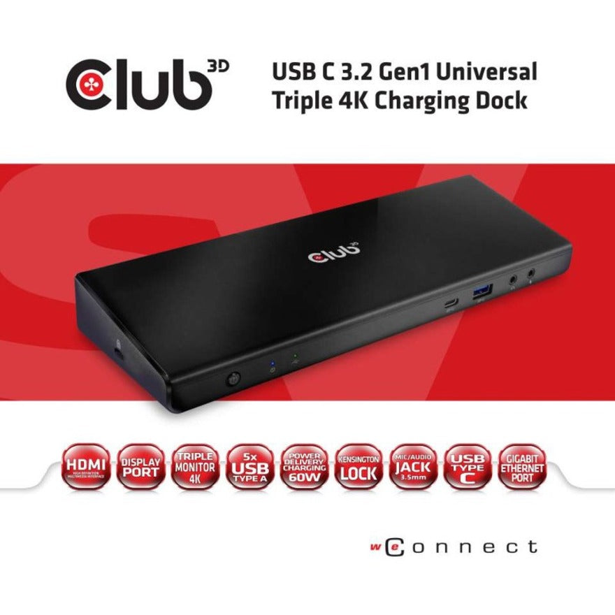 Club 3D CSV-1562 USB C 3.2 Gen1 Universal Triple 4K Charging Dock, HDMI, DisplayPort, USB-C, RJ-45, 6 USB Ports
