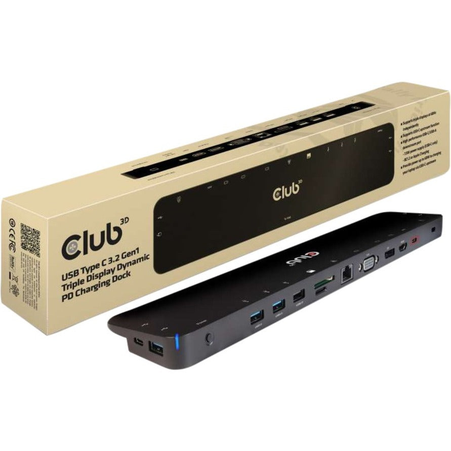 Club 3D CSV-1564 USB C Triple Display Dock, Dynamic PD Charging, 60-100W, HDMI, DisplayPort, USB Type-C, RJ-45, 8 USB Ports