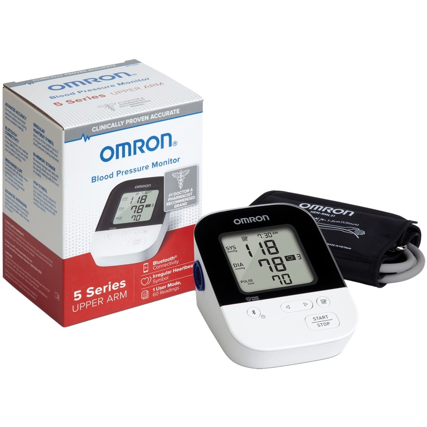 Omron BP7250 5 Series Wireless Upper Arm Blood Pressure Monitor, Hypertension Indicator, Bluetooth Connectivity